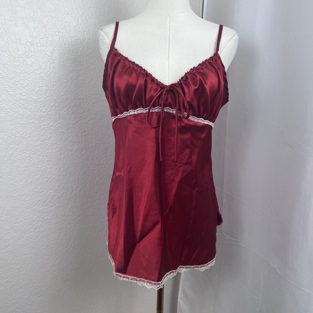 Vintage Y2K Satin Babydoll Top Womens Large Red Lace Trim Coquette Romantic Tank